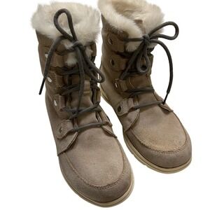 Sorel Explorer Boots Gray Suede w/ White Faux Fur Size 7.5